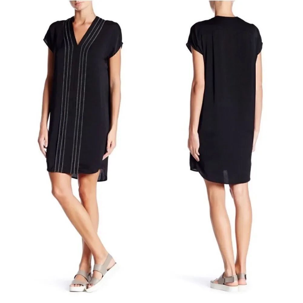 Vince • washed satin Vee black shift dress embroidered high low cap sleeve